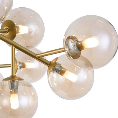 Immagine di Moderno Lampadario, Forma a Molecola, Struttura in Metallo Dorato, 20 diffusori color ambra trasparente, design insolito, loft industriale, lampadine G9 28W 220 240V non incl