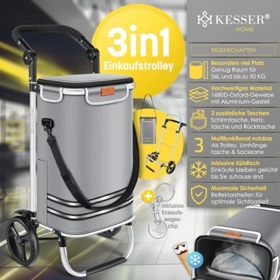 Immagine di KESSER® Carrello della spesa pieghevole con capacità di 56L e carico fino a 50 kg 3in1 Carrello, Carretto &amp; Borsa tracolla