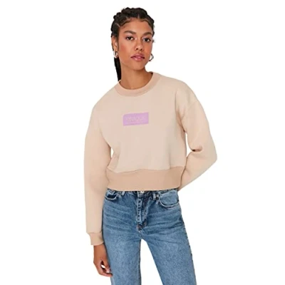 Immagine di Trendyol Girocollo con Slogan Regular Felpa Maglia di Tuta, Beige, XL Donna
