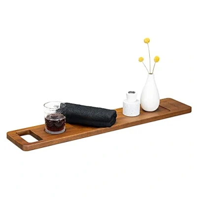 Immagine di Navaris Vassoio Vasca da Bagno Legno Noce 74,9x15cm Supporto Leggio Tablet con Vano Poggia Bicchiere Calice Mensola Portaoggetti Bathtub Tray