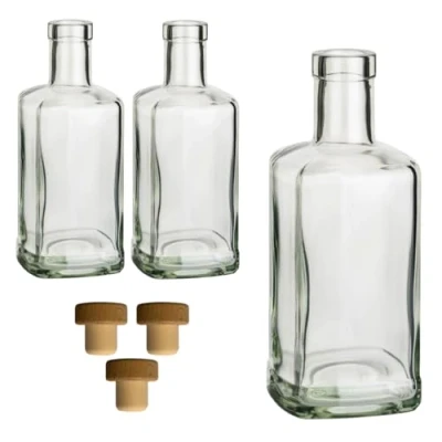 Immagine di gouveo Set di 3 bottiglie vetro da 500 ml farmacista rettangolare con tappo sughero (HGK) Bottiglia 0,5 l riempire e regalare vuota per gin, liquore, grappa, olio, aceto