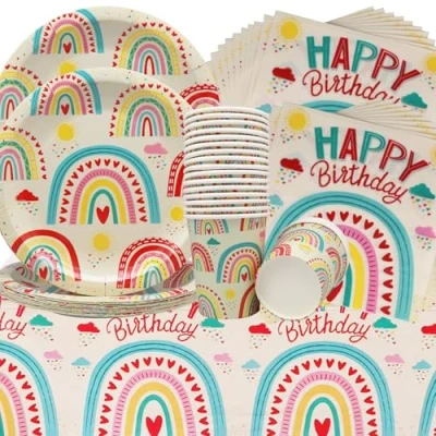 Immagine di Doyomtoy Stoviglie per la festa di Boemia,61Pcs Feste buon Compleanno Tovaglie Rainbow Boho Piatti Tazze Tovaglioli Decorazioni Bambini Accessori