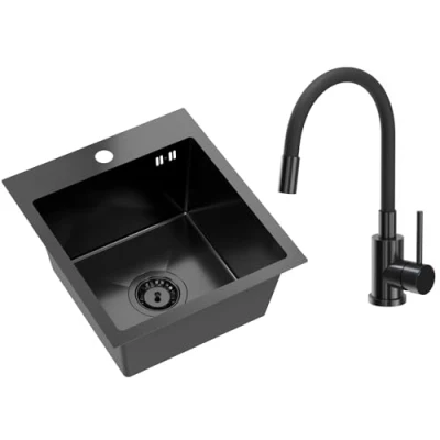 Immagine di VBChome Lavello in acciaio inox con rubinetto, 40 x 45 cm, nero, inox, foro per grande lavandino, sifone colore rubinetto PVD beccuccio flessibile