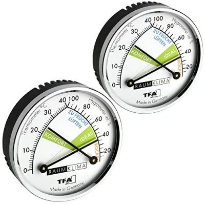 Immagine di TFA Dostmann Termometro analogico termico, igrometro con anello in metallo, misuratore di umidità, multicolore, 71 x 23 mm, set da 2 pezzi