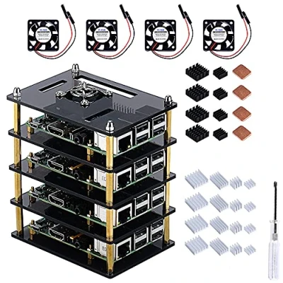 Immagine di GeeekPi Custodia cluster per Raspberry Pi 4 Modello B, Case con ventola di raffreddamento e dissipatori calore 3 B+, 3/2 B