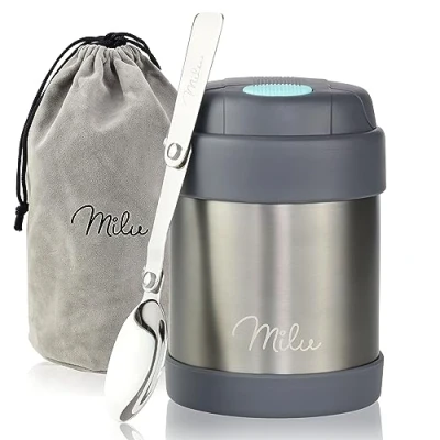 Immagine di Milu Thermo per Alimenti 300ml 440ml 450ml 650ml 800ml I Contenitore Termico di Acciaio Inossidabile, Isotermico Sottovuoto Cibi Caldi e Freddi (Grigio, 300ml)