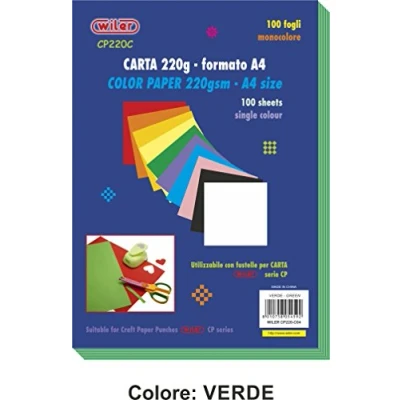Immagine di Wiler CP220C04 Confezione da 100 Fogli di Carta Colorata 220gsm Formato A4 Colore VERDE