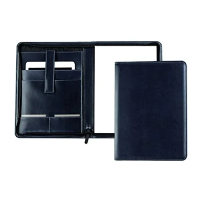 Immagine di DELMON VARONE Cartella portadocumenti per tablet con chiusura lampo, formato DIN A4, in ecopelle vegana, colore blu, portapenne e scomparto appunti