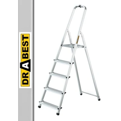 Immagine di Drabest Scala Domestica in Alluminio a 5 Gradini Portata 125kg Scaletta con Guida di Sicurezza e Piattaforma per Scale da Lavoro Multiuso 45x168x12cm