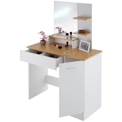 Immagine di TecTake® Tavolo da Trucco Moderno con Grande Specchio, Toeletta Cassetto Suddiviso, Tre Ripiani Aperti, Postazione Doppiofondo e Portella Bianco/Faggio