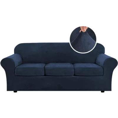Immagine di LINGKY Fodera per Divano in Velluto Universale con 2 Fodere Cuscino Separate, Protezione Mobili Antiscivolo Ultra Morbida Peluche Fondo Elastico (Navy,3 posti (173 229cm))