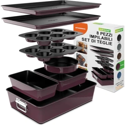 Immagine di NutriChef Set Padelle Antiaderenti da 8 Pezzi Senza PFOA, PFOS, PTFE, Teglia Torta, Pane, Muffin, Larghe/Quadrate, Biscotti, Prugna