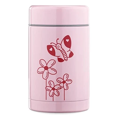 Immagine di Navaris Contenitore Termico per Alimenti Bimbi Termos Ermetico Portavivande in Acciaio Inossidabile 500ml Porta pranzo Bambini Rosa Farfalla