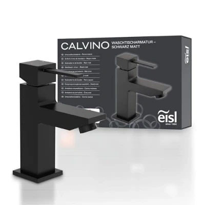 Immagine di EISL NI075THI B CALVINO Rubinetto per bagno nero opaco, rettangolare, design angolare, moderno miscelatore monocomando bagno, lavabo, nero, 130 x 160 50 cm