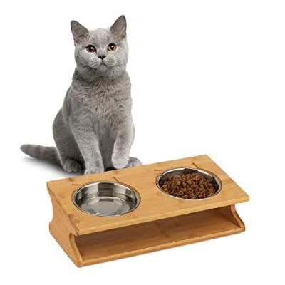 Immagine di Relaxdays Ciotole Rialzate, Gatti &amp; Cani Piccoli, 2 Scodelle 300 ml l’una, Bambù Acciaio Inossidabile,naturale/argento