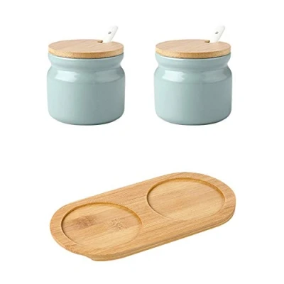 Immagine di OnePine Set di 2 Zuccheriera in Ceramica, 300ml Contenitore per spezie Barattoli portaspezie con Coperchio e Cucchiaio, Casa Cucina