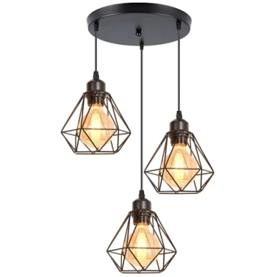 Immagine di iDEGU 3 Luci Lampada a Sospensione Vintage Ø16CM Lampadario Industriale E27 Metallo in Stile Gabbia Geometrica da Soffitto per Cucina Camera Corridoio (Rotondo)