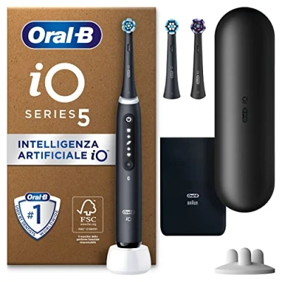 Immagine di Oral B Spazzolino Elettrico Ricaricabile iO 5N, Sensore di Pressione, Intelligenza Artificiale, 5 Modalità Spazzolamento, 3 Testine, 1 Spazzolino, Custodia da Viaggio, Nero, Idea Regalo