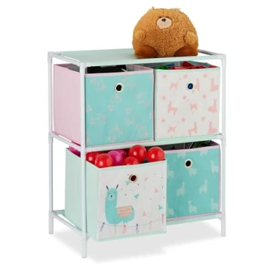 Immagine di Relaxdays Scaffale per Giocattoli con 4 Scatole, Bambini &amp; Bambine Design Lama Armadio HLP 62x53x30 cm, Multicolore, Vello, Ferro, plastica, 62 x 53 30 cm