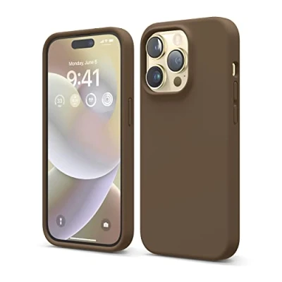 Immagine di elago Custodia in silicone liquido di alta qualità, compatibile con iPhone 14 Pro (6,1 pollici), protezione completa, antiurto, a 4 strati, fodera morbida microfibra antigraffio, marrone
