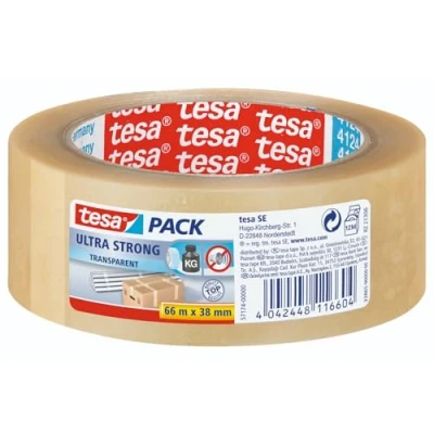 Immagine di Tesa tesapack Ultra Forte, Nastro Adesivo d&#039;Imballaggio in PVC Solido e Sicuro, Transparent, 66 m x 38 mm