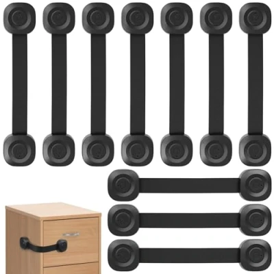 Immagine di ECHOCUBE serrature di sicurezza per cassetti bambini, con cinturino armadietti 10 confezioni, regolabili armadi, frigoriferi, WC (nero)
