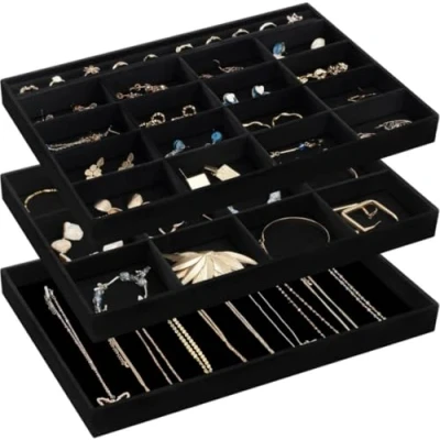 Immagine di ProCase Set di 3 vassoi impilabili per cassetti, divisori gioielli, con rimovibili, anelli, orecchini, collane, braccialetti, colore: Tutto Nero