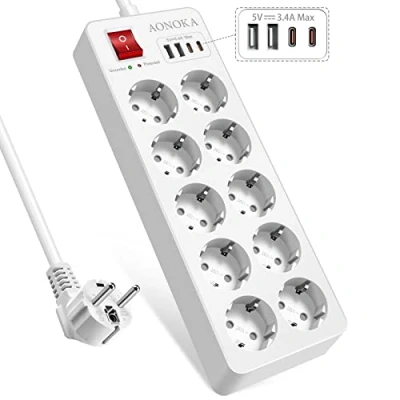 Immagine di Ciabatta Multipresa con USB, 10 Posti Protezione contro le sovratensioni 16A/4000W, 4 USB (5 V/3.4A), Cavo 1,5m[Classe A]