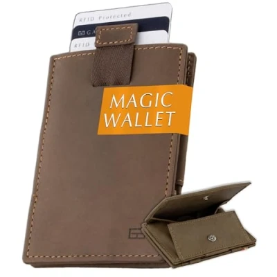 Immagine di GARZINI Portafoglio Magico in vera pelle, sottile e minimalista Magic Wallet da uomo con sistema di blocco RFID, custodia per le carte, linguetta estrazione portamonete