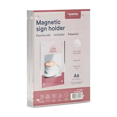 Immagine di Europel Luxe Supporto magnetico per cartelli, formato A7, verticale o orizzontale, acrilico, 2 x 10 mm, menù e volantini, ristoranti, hotel, conferenze ricevimenti, autoportante doppio