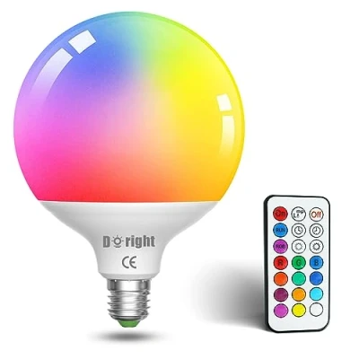 Immagine di DoRight E27 Lampadina cambia colore, G120 RGB Dimmerabile da 10W(Equivalente a 80 W), con telecomando funzione di memoria, RGB+bianco caldo, confezione 1