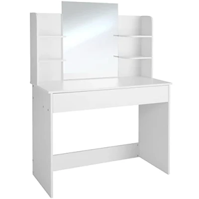 Immagine di TecTake 403850 Tavolo da Trucco Camille Moderno con Grande Specchio Quattro Ripiani Largo cassetto Tre scompartimenti