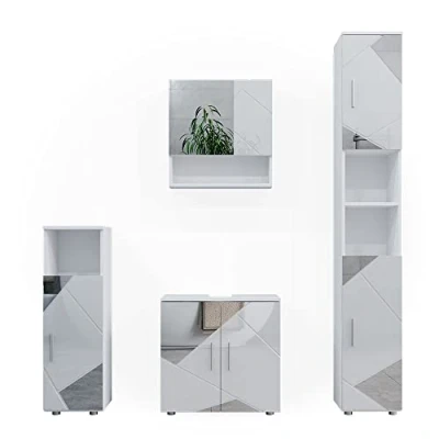 Immagine di Vicco set mobili bagno Irma, Bianco lucido con inserti, 4 parti, armadio alto
