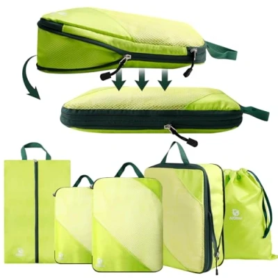 Immagine di AiQInu Organizer Valigia 5 Pezzi Set, Compressione Packing Cube Salvaspazio Espandibile Ultraleggero Viaggio per i Vestiti,Scarpe,Intimo Set da Zaini o Bagagli a Mano (Verde)