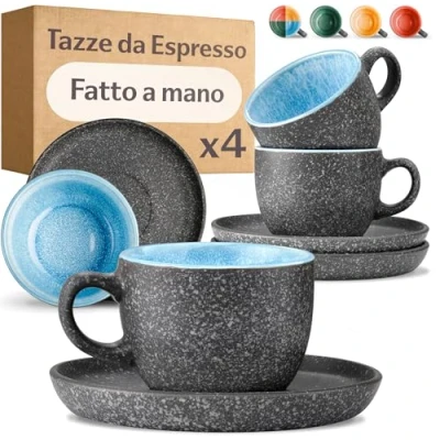 Immagine di Cosumy Set di 4 Tazzine da Espresso con Piattini 90ml in Ceramica Gres Spesso Smalto Reattivo Artigianale Mantiene il Calore a Lungo (Blu)