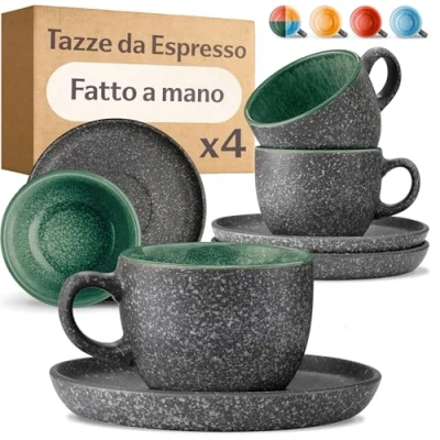 Immagine di Cosumy Set di 4 Tazzine da Espresso con Piattini 90ml in Ceramica Gres Spesso Smalto Reattivo Artigianale Mantiene il Calore a Lungo (Verde)
