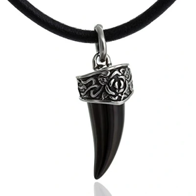 Immagine di DonDon, collana da uomo in pelle, con ciondolo a forma di zanna nera acciaio inossidabile