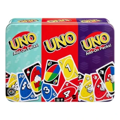 Immagine di Mattel Games UNO gioco di carte con 2 pacchetti aggiuntivi e scatola da collezione per bambini, adulti serate in famiglia, a 10 giocatori, JCV60
