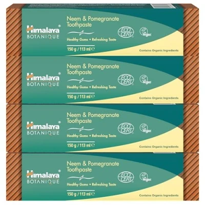 Immagine di Ecocert Cosmos Natural Certified Himalaya Botanique Dentifricio Neem e Melograno con Estratti di Erbe Biologiche, Combatte la Placca, Sbianca i Denti, Senza Fluoro, SLS, 150g (4 pacchi)