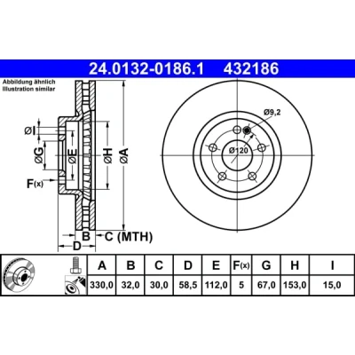 Immagine di ATE 24.0132 0186.1 Disco freno 330,0 32,0 5 112,0 ventilato rivestito legato /ad alto tenore di carbonio con bulloni/viti MERCEDES BENZ: Classe V