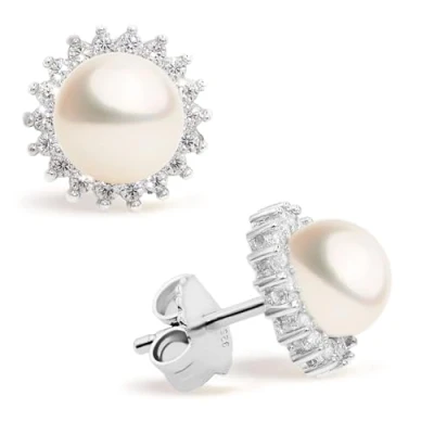 Immagine di Orecchini da donna di perle d&#039;acqua dolce, forma a bottone 8 9 mm con piccole pietre zircone Secret &amp; You Argento sterling 925.