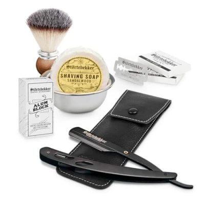 Immagine di Störtebekker Premium set di rasoi neri con custodia in pelle fatta a mano incl. pennello da barba, ciotola sapone pietra d&#039;allume e lame rasoio barba (Nero Nero)