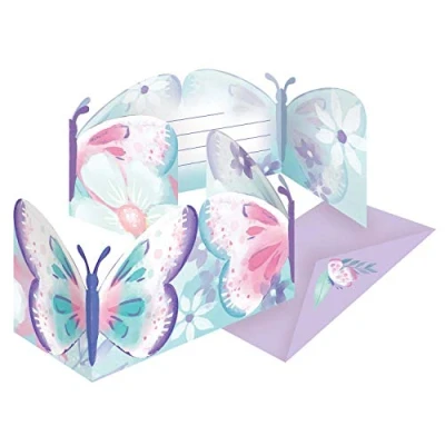Immagine di amscan 9909726 Biglietti d&#039;invito Flutter con Buste, 8 Pezzi, Carta, Farfalla, Compleanno Bambini, Singolo, Multicolore