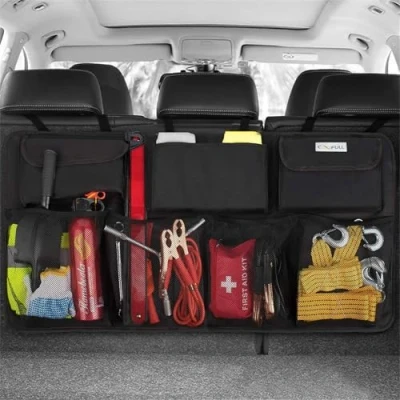 Immagine di COOFULL Organizer per baule da auto, super capiente, con 7 tasche ingrandite, 2 bastoncini intelligenti lunghi, borsa portaoggetti bagagliaio colore nero
