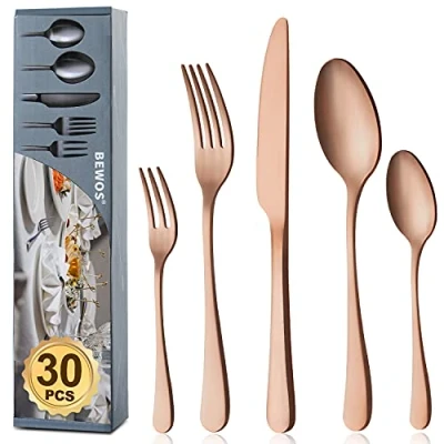 Immagine di set di posate BEWOS per 6 persone, in oro rosa da 30 pezzi con coltello, forchetta, cucchiaio, acciaio inossidabile, lavabili lavastoviglie