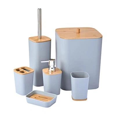 Immagine di Yorkmills set di accessori da bagno in bambù, 6 bagno, cestino e scopino per WC, tazza porta spazzolino resistente, dispenser sapone con pompa, portasapone