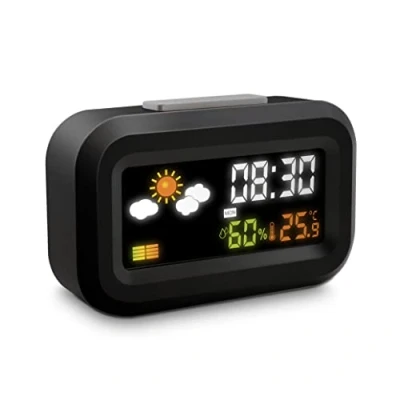 Immagine di Metronic 477340 Sveglia digitale da viaggio a batterie, display LCD retroilluminato colori, orologio 12/24 ore, Snooze, calendario, meteo, temperatura, umidità