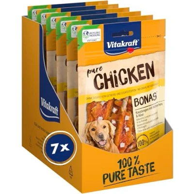 Immagine di Vitakraft Bonas, leccornie per cane, bastoncini da masticare con pollo e formaggio, carne di pollo, in sacchetto richiudibile, senza l&#039;aggiutna zuccheri cereali (7x 80g)