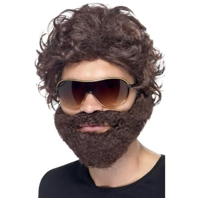 Immagine di Smiffys Kit addio al celibato, marrone, con parrucca, barba e occhiali
