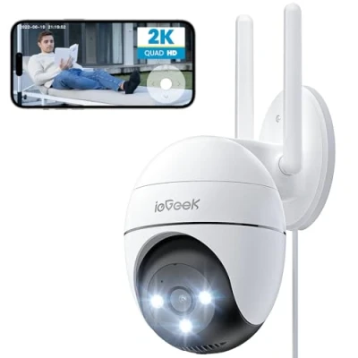 Immagine di ieGeek 2K Telecamera Wi Fi Esterno 360 PTZ Videocamera Sorveglianza WiFi con 3MP Visione Notturna a Colori 15m,Rilevamento Umano PIR e Allarme Sonoro Luminoso